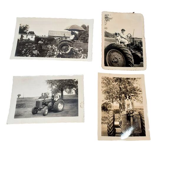 Lot of 4 B & W Photos John Deere Allis Chalmers Tractor Dog Lady Man Farmer 1940 - Picture 1 of 9